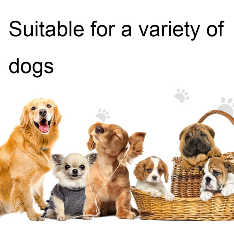 Dog training device marketing graphic with multiple dog portraits on white background