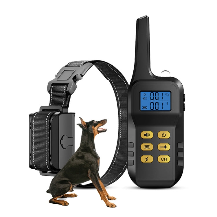 Dog training collar receiver with black nylon strap and LCD remote with button controls