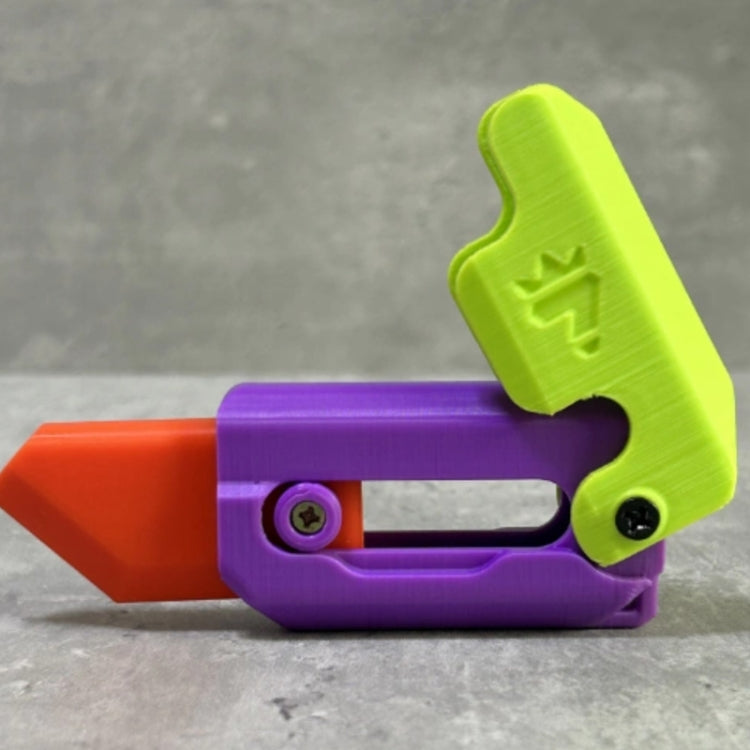 Purple and lime gravity decompress fidget toy with hinged wheel and side slot
