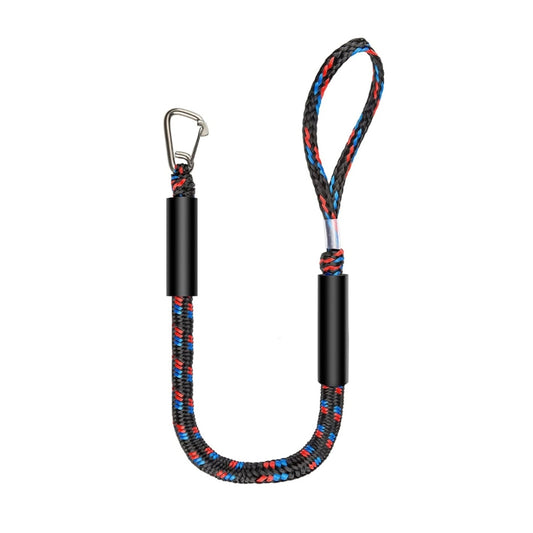 Black braided bungee dock line with two stainless steel hooks and loop ends