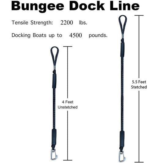 Black bungee dock line, 4 ft unstretched and 5.5 ft stretched, with metal hooks
