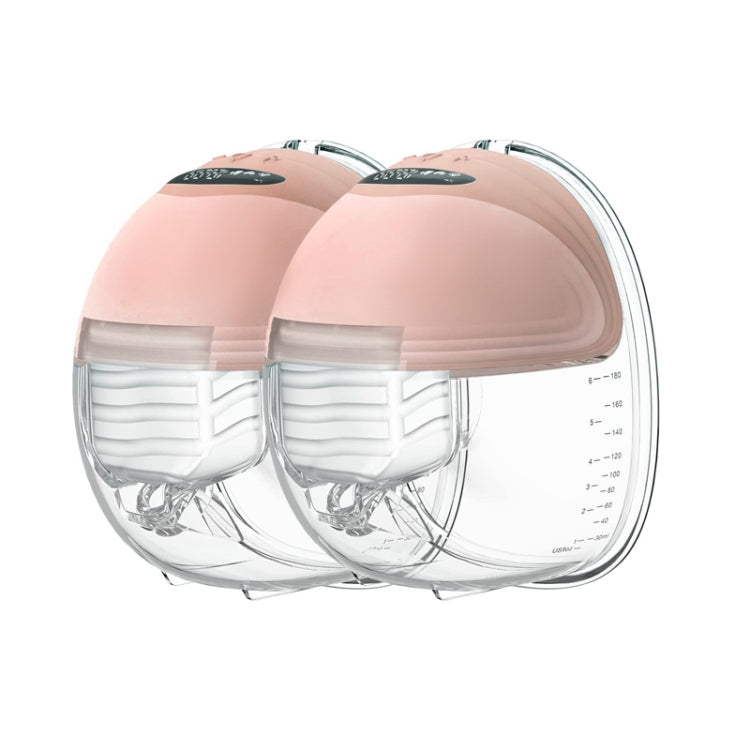 Wearable breast pump with pink dome and two clear suction cups, double unit