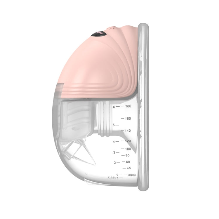 Wearable breast pump side view with pink dome, clear chamber, and level markings