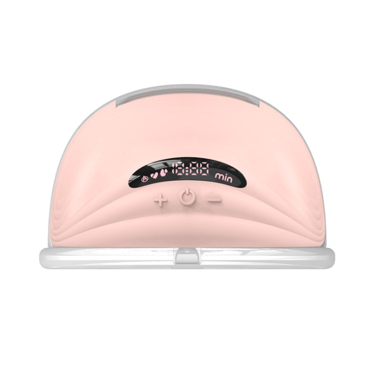 Wearable breast pump front view with pink cover, LED-style control panel, and bar