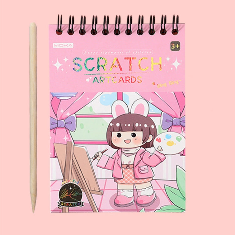 Pink-and-purple themed scratch art notebook card with spiral binding and wooden scratching pen
