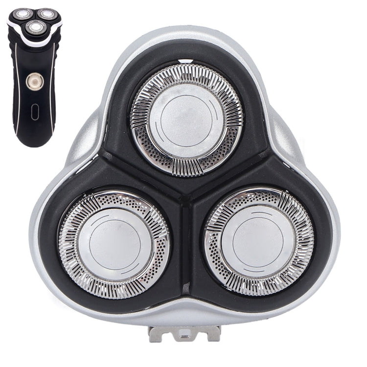 Three-head replacement shaver blade set with silver foil discs on black base