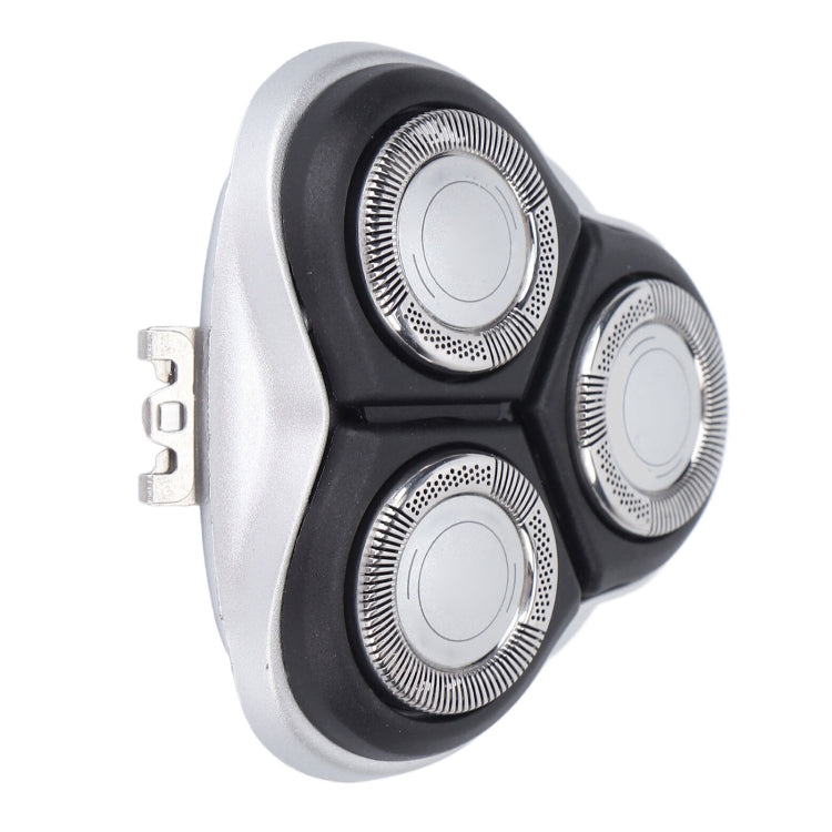 Three-head replacement shaver blade set with silver foil discs in black housing