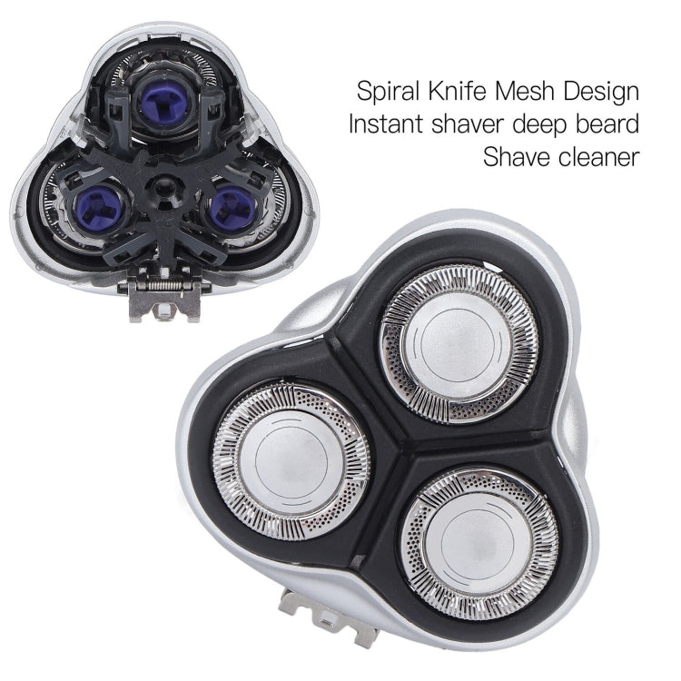 Three-head replacement shaver blade set with exposed spiral mesh cutter parts