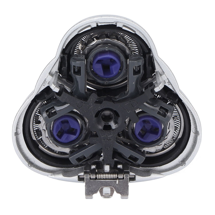Shaver blade cutter assembly with purple components inside silver outer frame