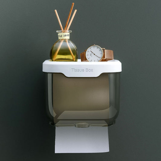 Wall-mounted tissue box with transparent smoky base and white lid, front paper outlet