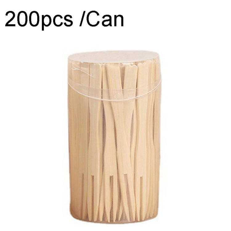 Disposable bamboo two-tine dessert forks in clear plastic can, 200-count