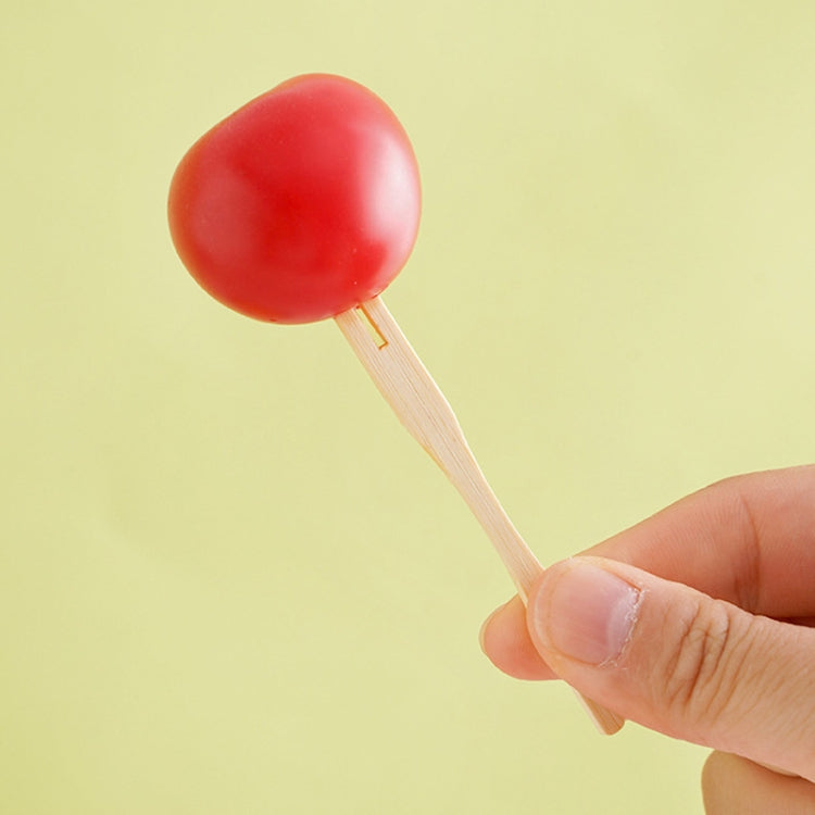 Hand holding a bamboo two-tine dessert fork