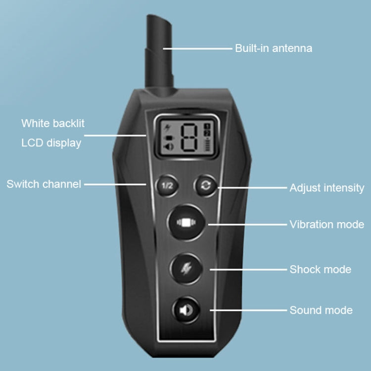 Handheld dog training transmitter with LCD, buttons, and built-in antenna, dark gray
