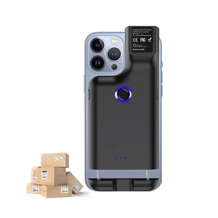 Black 2D Bluetooth barcode scanner with blue LED ring, back-clip design for phones