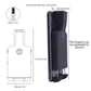 Black barcode scanner with clip, angled views and size measurements, blue LED ring