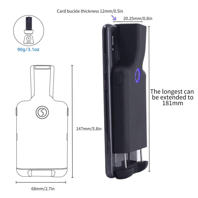Black barcode scanner with clip, angled views and size measurements, blue LED ring