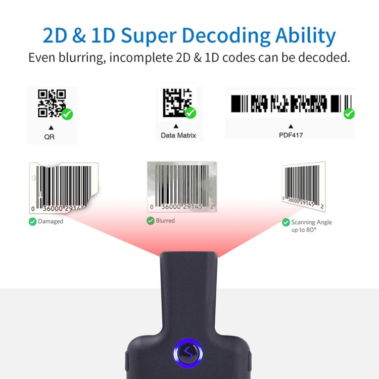 Black 2D barcode scanner with blue LED ring, decodes QR and barcodes from labels