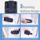 Black barcode scanner with blue LED ring and three scanning buttons, held for use