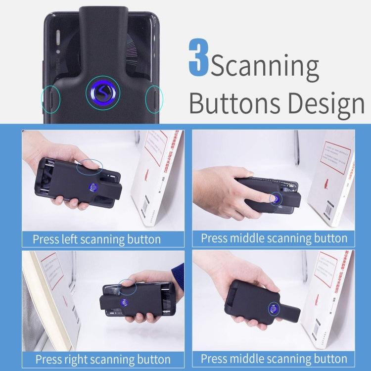 Black barcode scanner with blue LED ring and three scanning buttons, held for use