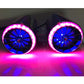 Two motorcycle exhaust speakers with blue and pink glowing LED rings