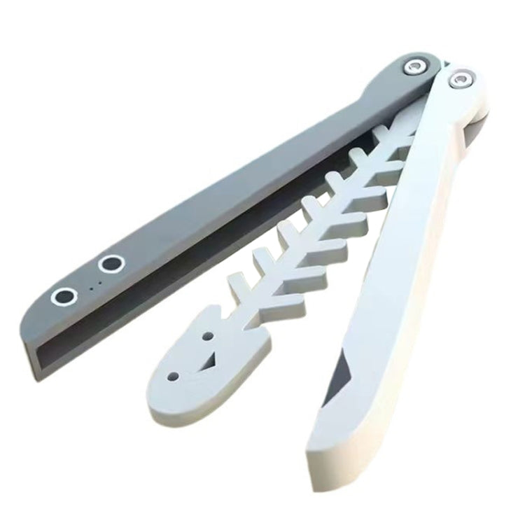 Gray and white butterfly knife toy with open blades, hinge, and pivot holes