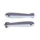 Gray and white folding butterfly knife toy, closed and open views with pivot bolts
