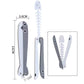 Gray butterfly knife toy with white blade insert, showing open and folded sizes