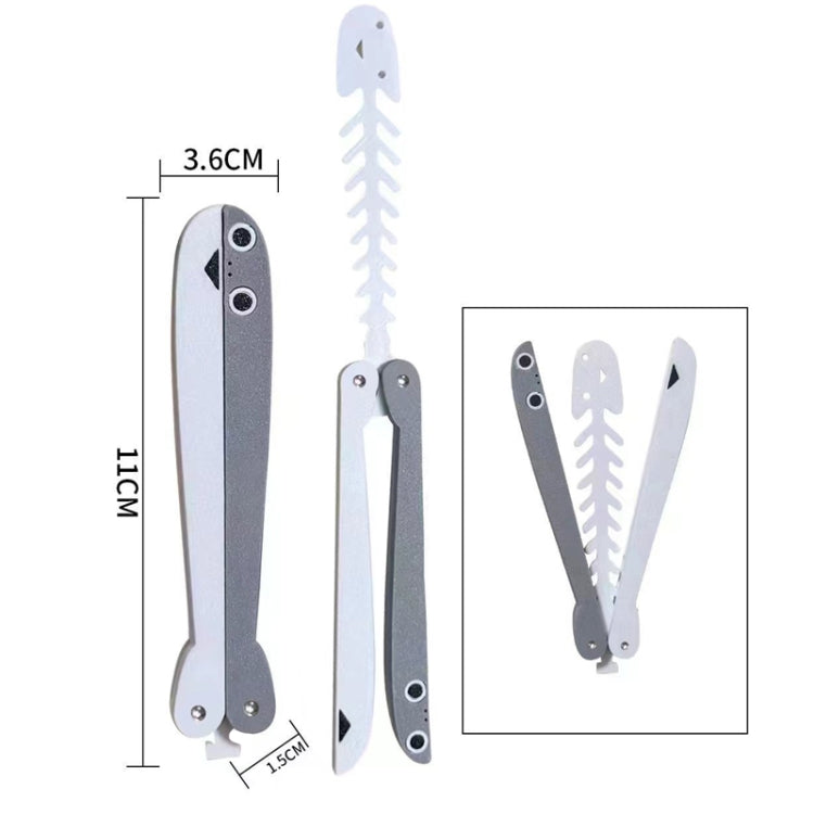 Gray butterfly knife toy with white blade insert, showing open and folded sizes