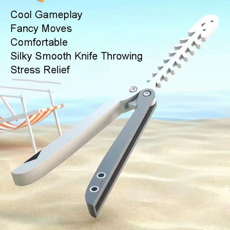 Gray and white butterfly knife toy in motion pose, white blade details visible