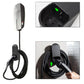 EV charger cable with wall-mounted bracket and socket, black cover with arrows