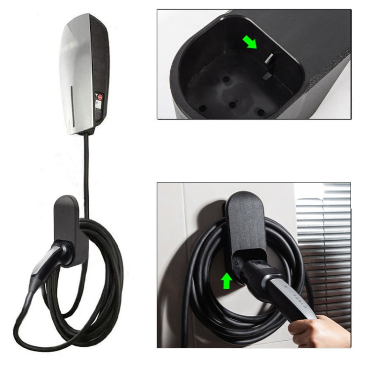 EV charger cable with wall-mounted bracket and socket, black cover with arrows