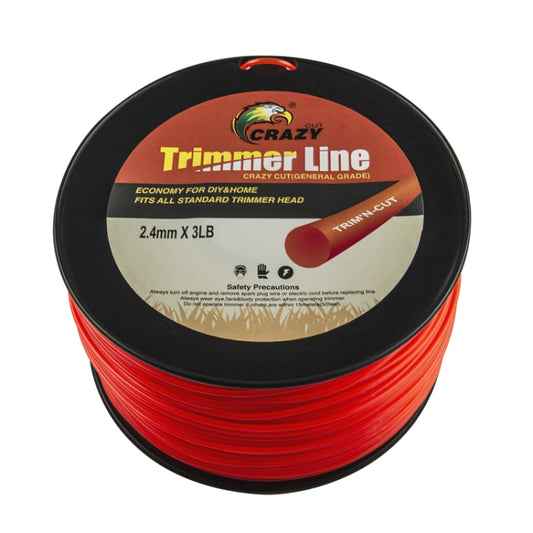 Orange nylon trimmer line spool with label, wound cutting line on black base