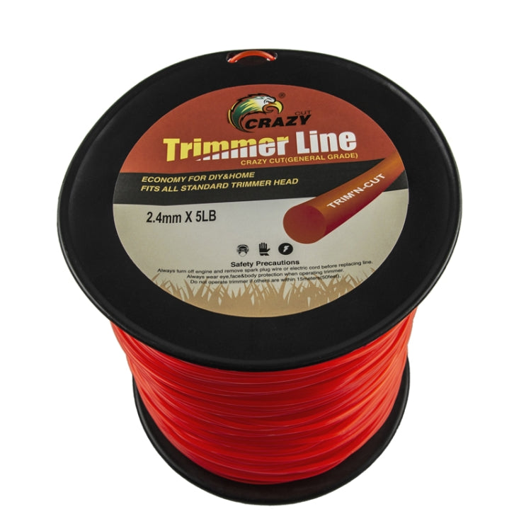 Red orange nylon trimmer line spool labeled 2.4mm and 5LB.