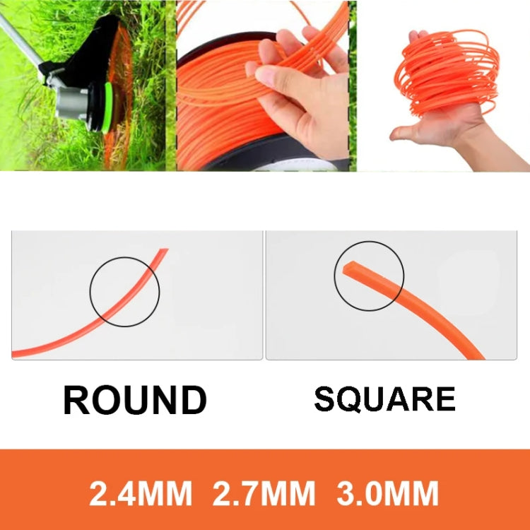 Trimmer line guide showing round vs square and sizes 2.4mm, 2.7mm, 3.0mm.