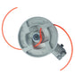 Metal trimmer head with red orange nylon trimmer line threaded out.