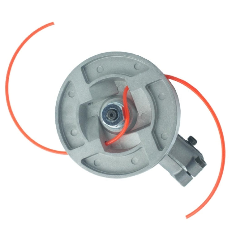 Metal trimmer head with red orange nylon trimmer line threaded out.