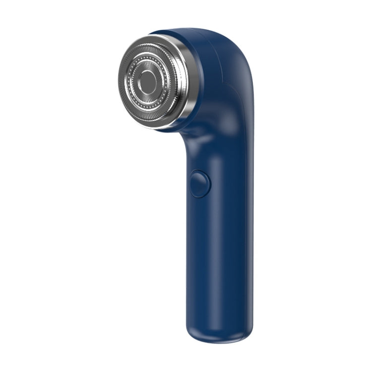 Blue rechargeable travel electric shaver with round shaving head and side button