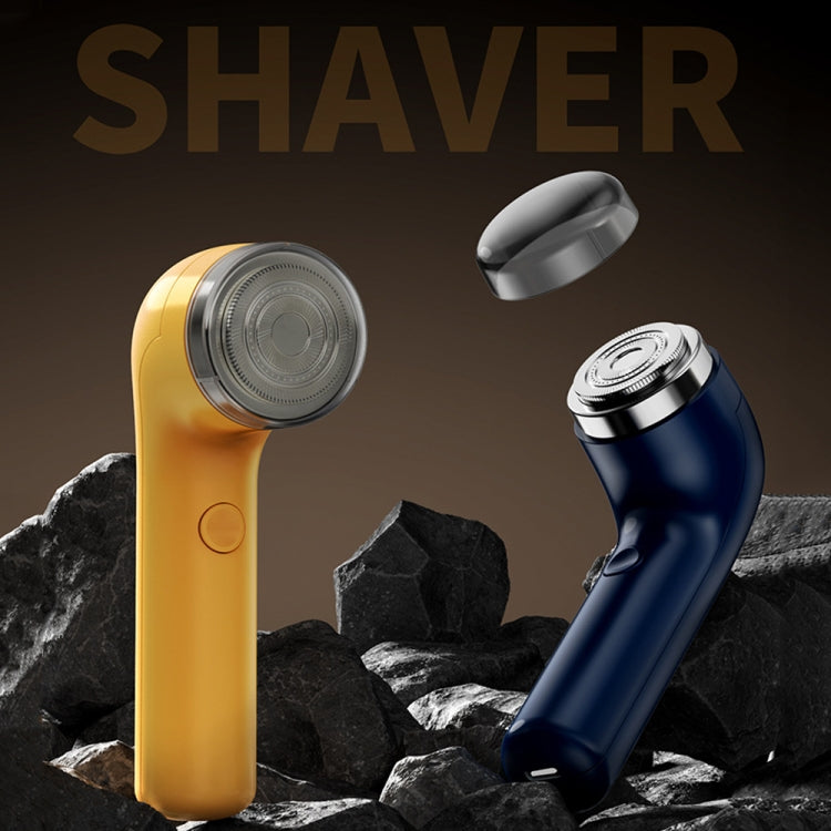 Two portable electric shavers, yellow and blue, with circular shaving heads