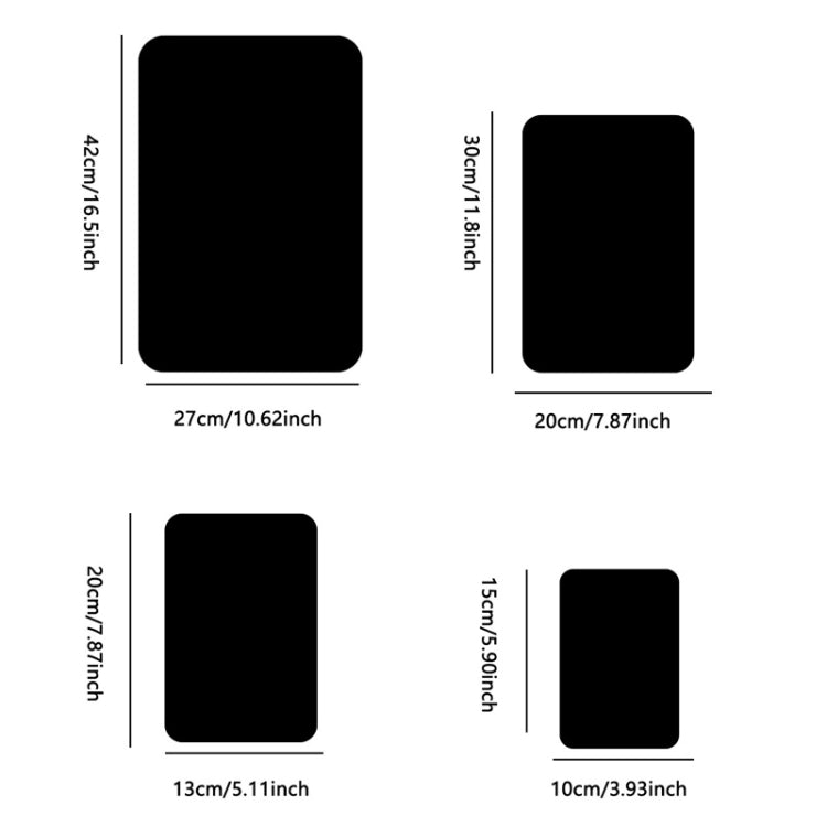 Round-corner rectangle mirror sticker sizes: 42x27, 30x20, 20x13, 15x10cm.