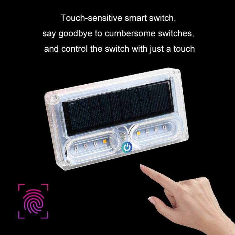 Solar LED warning light with clear cover, black solar panel, and touch control button