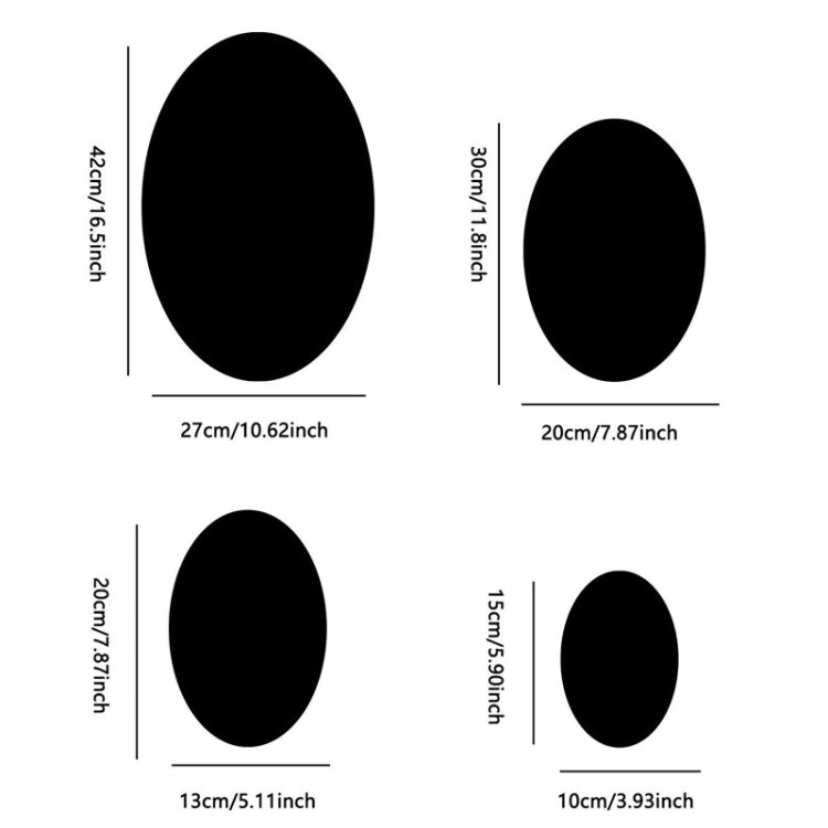 Oval acrylic mirror wall sticker size chart showing four oval dimensions