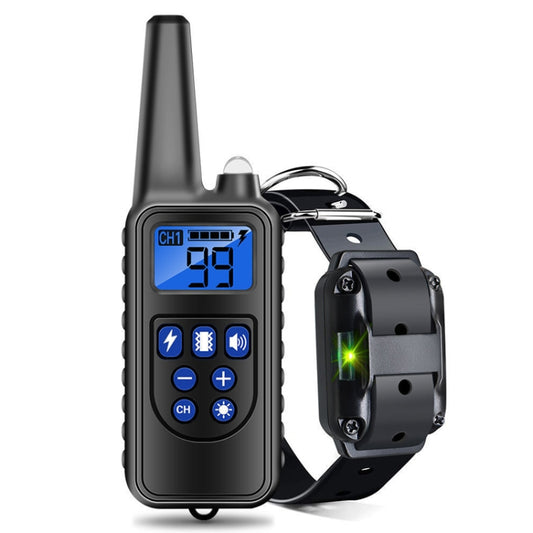 Black handheld dog training remote with blue display and one anti-bark vibration collar