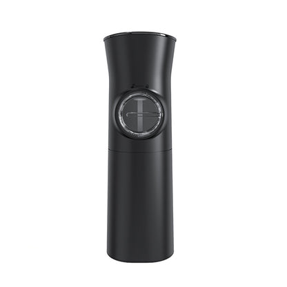 Black electric salt and pepper grinder with LED-lit window and adjustable coarseness dial