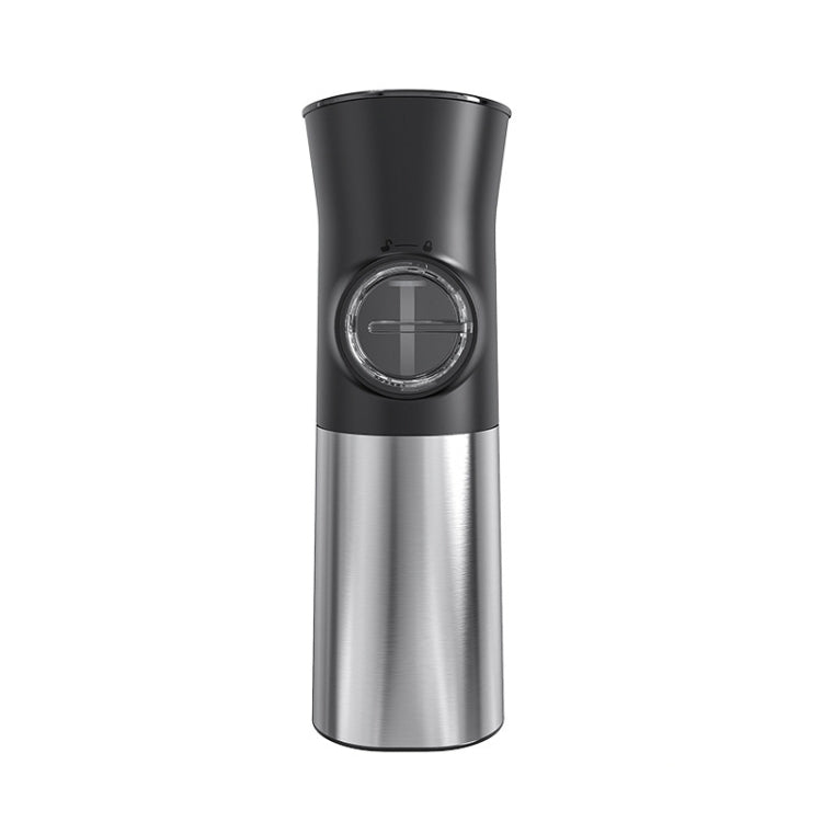 Silver electric salt and pepper grinder with LED-lit window and adjustable coarseness dial