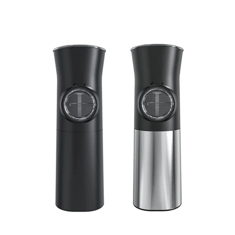 Black and silver electric salt and pepper grinders with LED-lit windows and adjustable settings