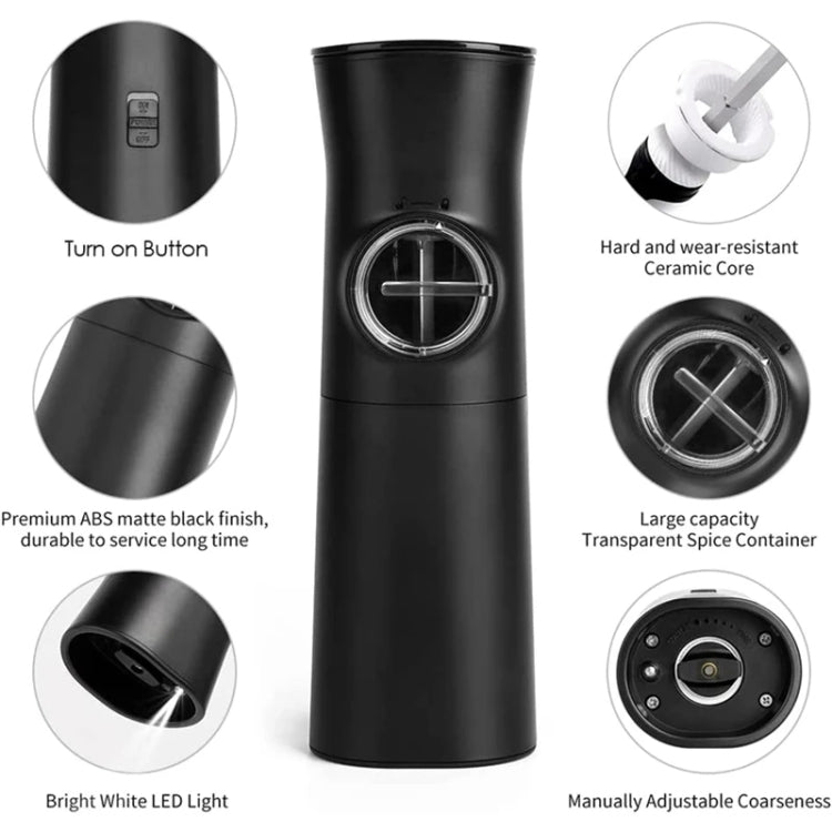 Black electric salt and pepper grinder with LED light, ceramic core, and coarseness control
