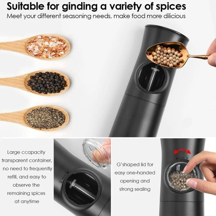 Electric salt and pepper grinder with transparent spice container and adjustable coarseness