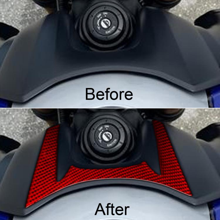 Red carbon-fiber door lock sticker set installed near key area on motorcycle