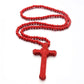 Red wooden bead necklace with cross pendant, long loop and engraved red cross
