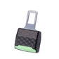 Car seat belt insert head limiter with metal latch loop, black textured and green PRESS panel